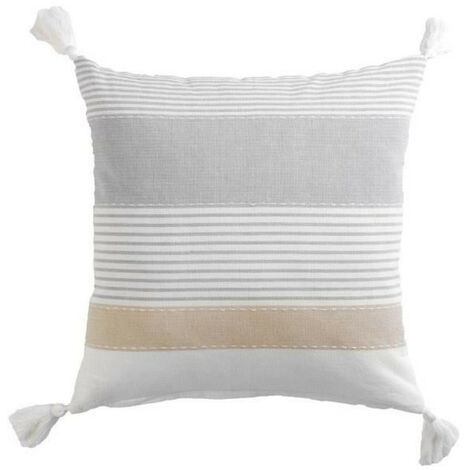 Coussin déhoussable en coton avec pompons et motif rayures Iliade - Gris et Beige - 60 x 60 cm - Livraison gratuite (1/3)