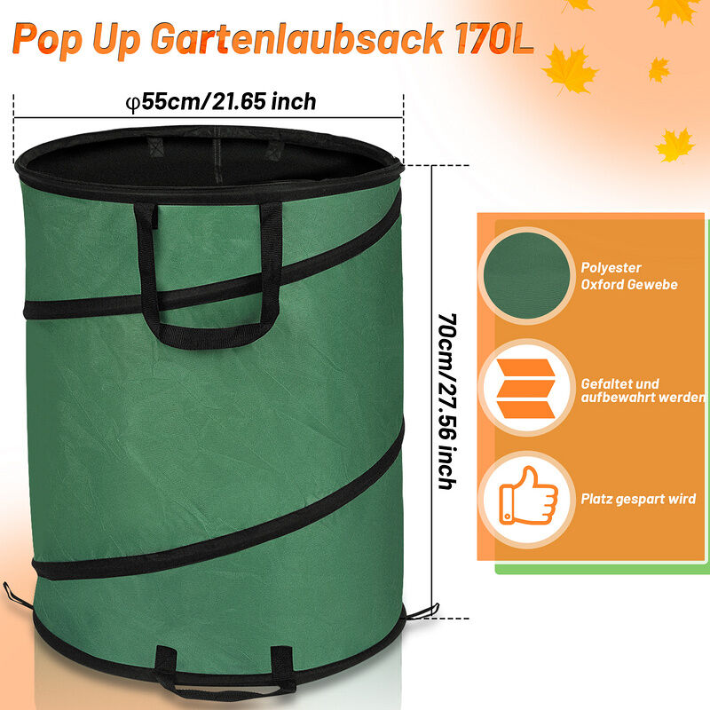 2x 170 litres Pop-Up Sac à déchets de jardin gris autoportant & stable