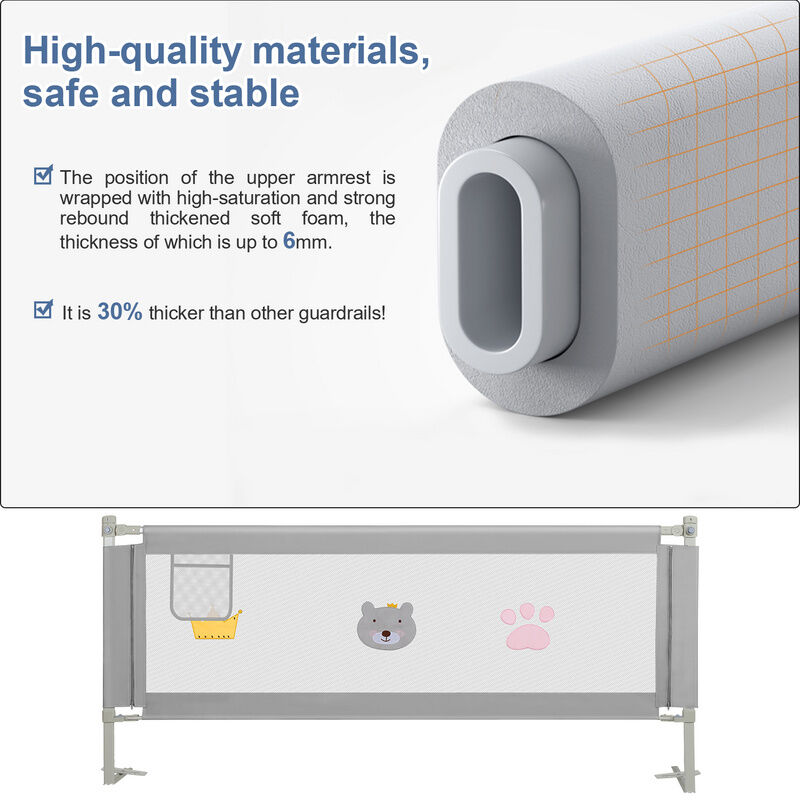 Barrière de Lit Enfants Bébés Protection Bord de Lit pour Sécurité L.150cm  H.66-90cm gris