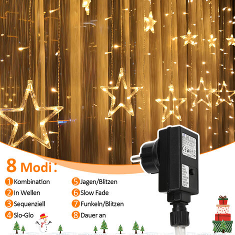 Hengda Guirlande lumineuse LED Étoiles Rideau lumineux Décoration Filet lumineux Extérieur Intérieur Fête Noël Jardin IP44 Blanc chaud