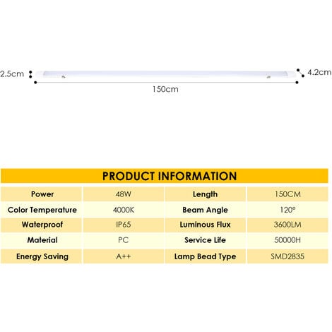 Hengda Réglette LED étanche tubes LED 150cm 48W interconnectable traversante IP65 Plafonnier LED pour locaux pièces humides Blanc Neutre