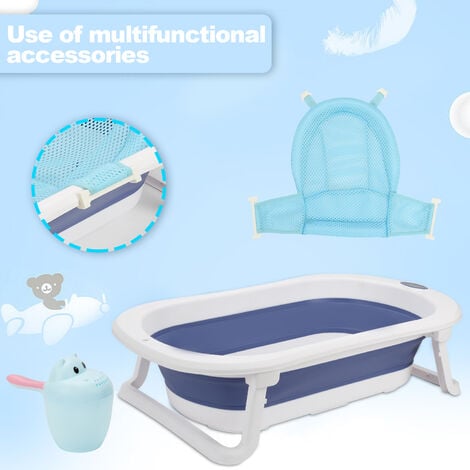 Baignoire Bébé Pliable Baignoire Bébé Ergonomique avec Pieds Antidérapants  pour Bébés et Nouveau-nés (Bleu+ Coussin de bain)