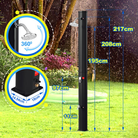 Douche Solaire De Jardin 35L – Eau Jusqu'à 60°C – Pommeau Pluie Rotatif 180° + Robinet Multifonction (Argenté)