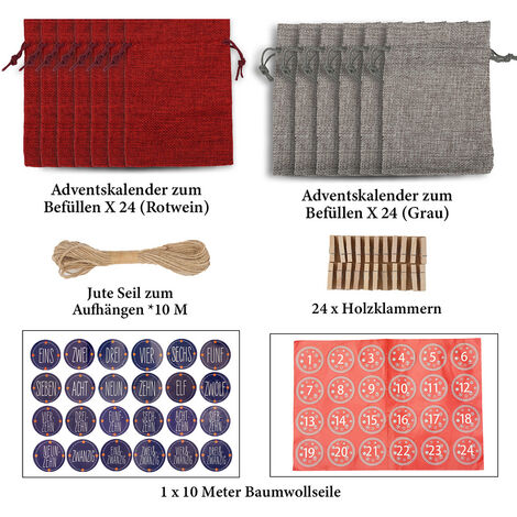 Sac en Toile de Jute de Noël,24 pcs DIY Sachets en Jute pour Calendrier de  l'Avent à Remplir,Sacs à Cordon Calendrier De l'Avent (Rouge Gris)