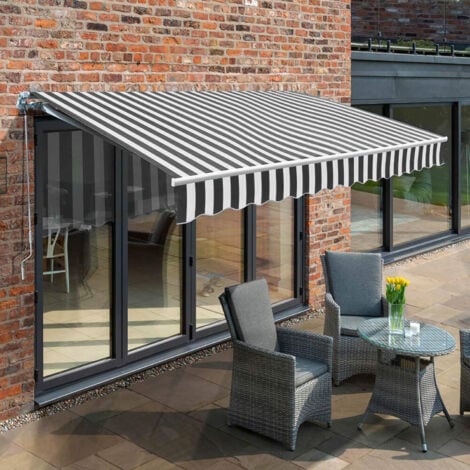 Hengda Store Banne Manuel Store extérieur Auvent Balcon Articulé Protection Solaire Anti-UV Terrasse Jardin Gris Blanc 350 x 300 cm