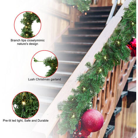 Couronne de Noël avec lumières LED, guirlande d'escalier de Noël