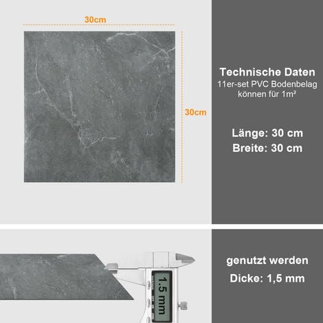 Hengda Dalles de sol PVC adhésives -1 Boites de 11 dalles vinyle auto-adhésives - Marbre gris - ca.1 m²