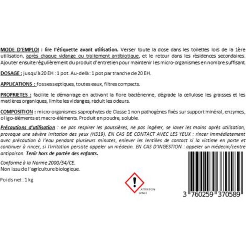 Activateur Bactérien Pour Fosse Septique - Démarrage/Redémarrage, 1 Kg (jusqu'à 8 EH)