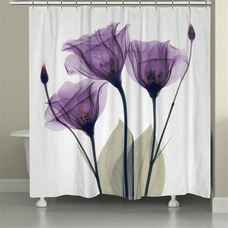 Rideau de douche en tissu flanelle salle de bain étanche à la maison avec ensemble de 12 crochets (violet, rideau de tulipes 150x180cm)