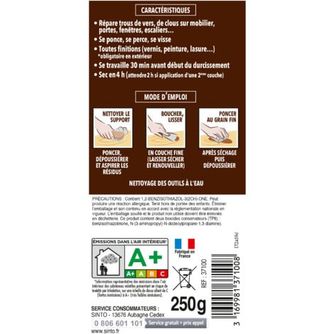 Pâte à bois à l'eau pour reboucher imperfections et fissures 250g Chêne moyen SINTO
