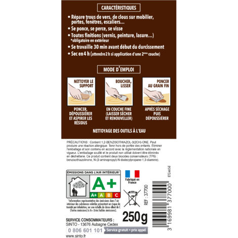 Pâte à bois à l'eau pour reboucher imperfections et fissures 250g Chêne clair SINTO