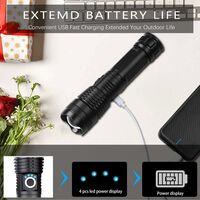 Torche Lampe de Poche, LED USB Rechargeable Ultra Puissante 3000 Lumens CREE XHP50 Lampe Torche, 5 Modes IP65 Étanche Militaire Zoomable pour Camping Randonnée(18650 Pile Rechargeable Incluse)