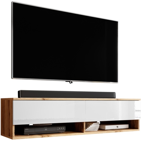 FURNIX meuble tv/ meuble tv suspendu Alyx 140 x 32 x 34 cm style industriel ch?ne wotan mat/ blanc brillant