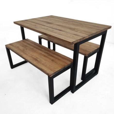 Conjunto Mesa y Bancos iCub Strong Negro 120x80cm en madera maciza de pino acabado vintage estilo industrial Box Furniture (1/5)