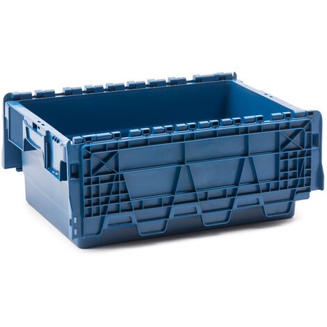 Caja de plástico EuroBox plegable y apilable. Contenedor azul con