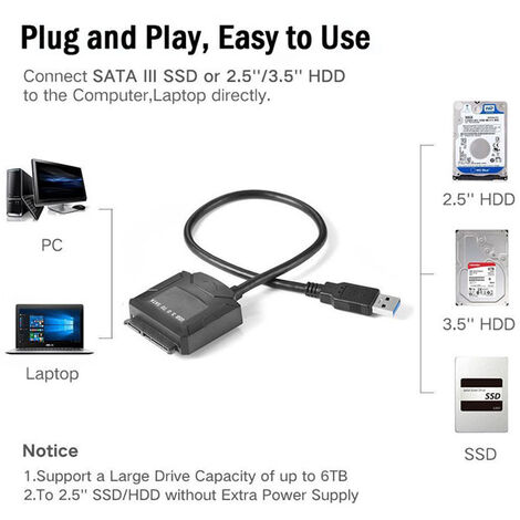 Double câble USB Sata adaptateur USB vers Sata prise en charge 2.5 ou 3.5  disque dur SSD externe câble Sata adaptateur USB 3.0