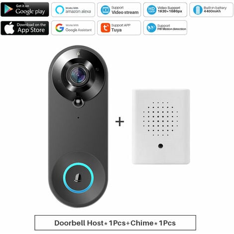 Sonnette vidéo intelligente sans fil avec batterie, sonnette de porte  d'intercon avec Alexa, caméra Tuya