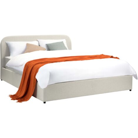 Rendez-Vous Déco – Lit coffre 160x200 cm en tissu gris/beige – Dimensions optimisées pour 280 kg – Montage facile – Pieds en bois massif (1/5)