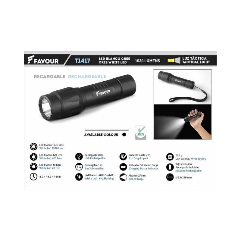 Lampe Torche Tactique Rechargeable Energizer TAC R 800 – 800 Lumens, 125 Mètres, IPX4, Aluminium Aéronautique, Incl. Câble USB
