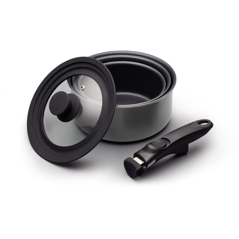Kitchencraft Set De 3 Casseroles à Induction Avec Poignée Amovible Et Couvercle Universel - Gain De Place Gris