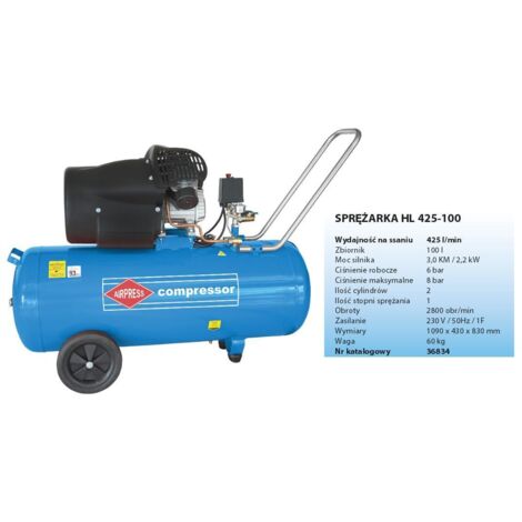 Compresseur d'air 100L 2200W – Débit 392 l/min – Pression max 8 bar – Moteur 2 cylindres sans entretien – Transport facile avec roues – Airpress - 425-100V (1/3)
