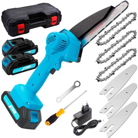 Mini tronçonneuse Extralink batterie, 6 pouces 2x batterie of 3 Ah, taille compacte, moteur puissant et 3x chaîne of durable en acier trempé pour une coupe uniforme, poignée confortable, tronçonneuse