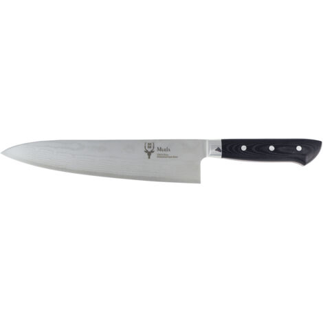 Couteau de cuisine japonais Muela GYUTO-21DAM.M, poids 183 grammes, lame de 21 cm en acier Damas VG10 et poignées en micarta noir + carte cadeau multi-usages.