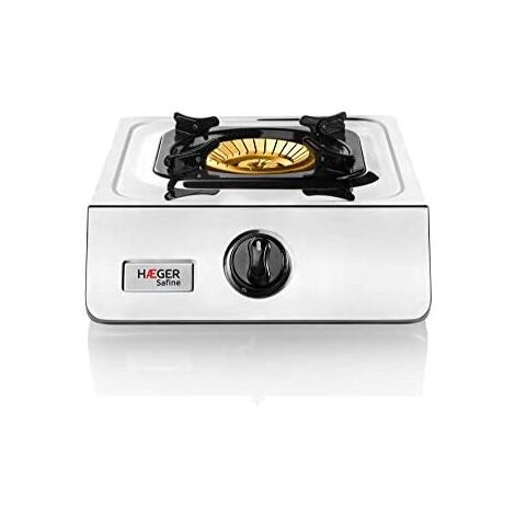 HAEGER SAFINE - Gazinière à technologie brevetée, allumage automatique PIEZO, double brûleur en bronze de 110 mm, corps en acier inoxydable, pieds antidérapants et base pour grandes casseroles. (1/5)