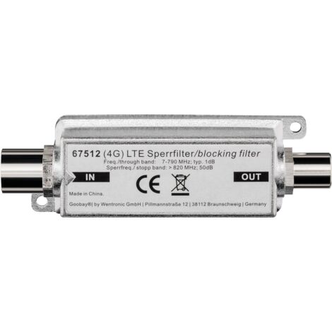 Filtre Blocage LTE/4G Wentronic - Coaxial Mâle/femelle - Pour Antenne TV DVB-T/T2 - Réduit Interférences