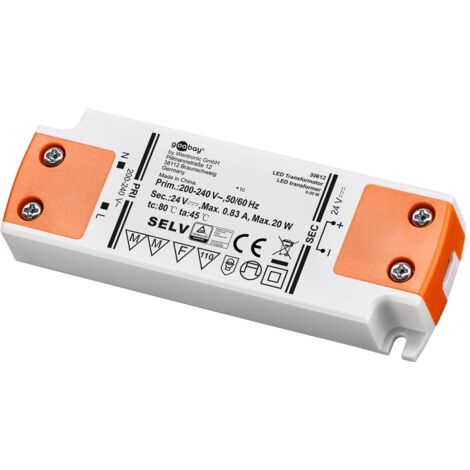 Transformateur LED 24 V DC 20 W – Tension de sortie 24 V – Charge maximale 20 W – Alimentation stable pour éclairage LED – Goobay