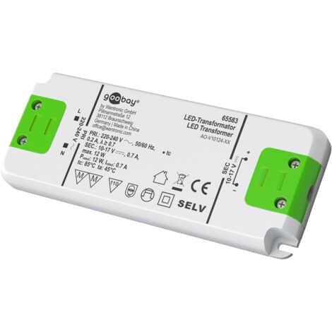 Transformateur LED 12 W – Courant constant 700 mA – Tension 10-17 V DC – Super-plat pour éviter le scintillement des LEDs – Goobay