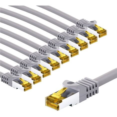 RJ45 Câble Patch, CAT 6A S/FTP (PiMF), 500 MHz, avec CAT 7 Câble Brut, 5 m, gris, Lot de 5, gaine de câble LSZH sans halogène, cuivre, connecteur RJ45 (CAT 6A). Longueur de câble 5 m