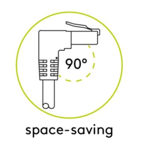 CAT 6 Câble Patch 1x 90° Coudé, U/UTP, noir, conducteur en cuivre (CU), gaine de câble sans halogène (LSZH), taquet d'arrêt en haut. Longueur de câble 1 m
