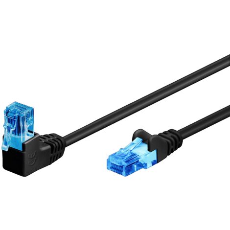 CAT 6A Câble Patch 1x 90° Coudé, U/UTP, noir, conducteur en aluminium plaqué cuivre (CCA), taquet d'ârret en haut. Longueur de câble 0.25 m (1/3)