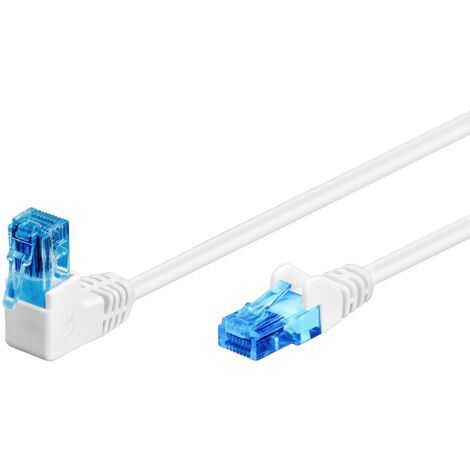CAT 6A Câble Patch 1x 90° Coudé, U/UTP, blanc, conducteur en aluminium plaqué cuivre (CCA), taquet d'ârret en haut. Longueur de câble 0.25 m (1/3)