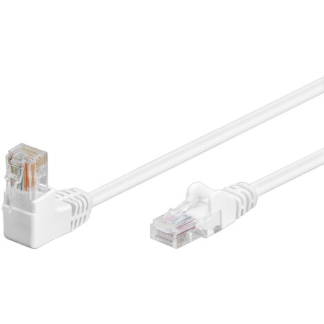 CAT 5e Câble Patch 1x 90° Coudé, U/UTP, blanc, 0,25 m, conducteur en aluminium plaqué cuivre (CCA), 1x Prise RJ45 90° (8P8C). Longueur de câble 0.25 m (1/4)