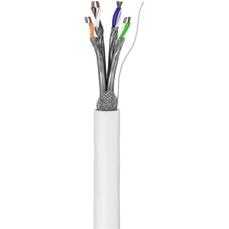 CAT 6 câble réseau, S/FTP (PiMF), blanc, mélange de cuivre CCA pour applications SOHO, AWG 23/1 (solid), PVC. Longueur de câble 100 m