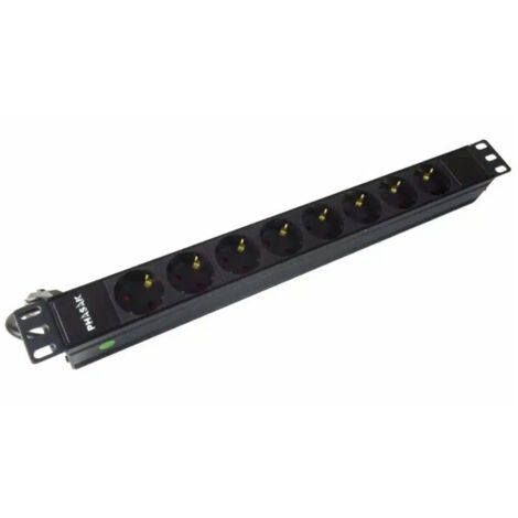 Bloc multiprises 19″ sans interrupteur BNS 3518 - 8 prises Schuko, cable 1.8M, 16A, 3500W, protection contre les surcharges, montage en rack, idéal pour les environnements informatiques. (1/2)
