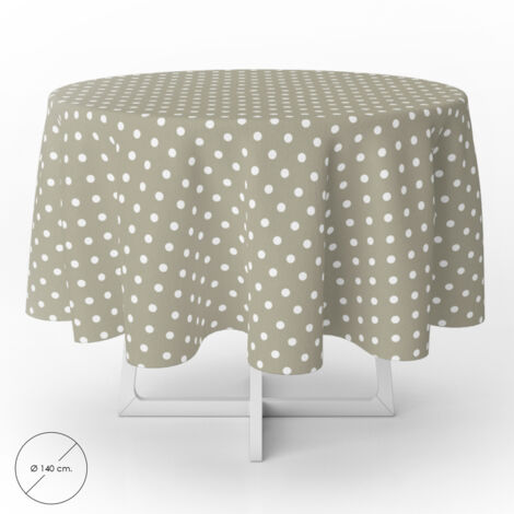Nappe ronde en toile cirée anti-taches Ø 140 cm. Pois beiges