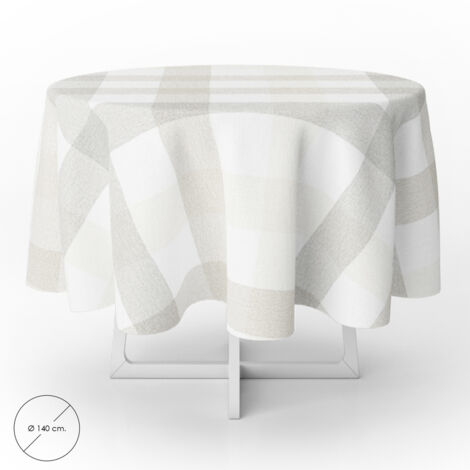 Nappe ronde en toile cirée anti-taches Ø 140 cm. Carrés beiges