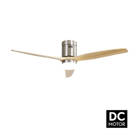 Fabrilamp – Ventilateur de plafond LED 18W – Moteur DC silencieux – 5 vitesses – Télécommande avec minuterie – 3 abat-jours en nickel et bois de hêtre (1/4)