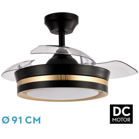 ABRILA - Ventilateur DC VIPER  Couleur Negro/Color Oro con tres Aspas Desplegables  Ventilateur 6 Velocidades Ajustables  con 3 Temperaturas de Luz  Mando a Distancia Incluido (1/2)