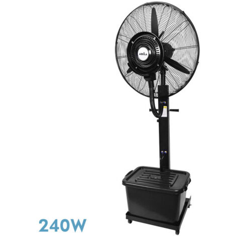 Ventilateur de pied diluvio noir 3 vitesses 240w nébuliseur réservoir 42l roues fixes et rotatives.170x71x45cm