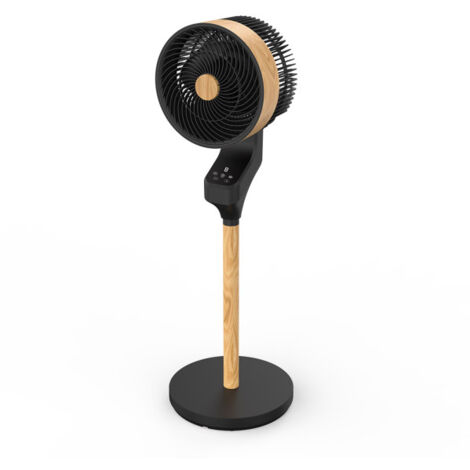 Fabrilamp – Ventilateur sur pied oscillant 50W – 3 vitesses – Écran tactile et télécommande – Minuterie programmable – Design moderne noir/hêtre