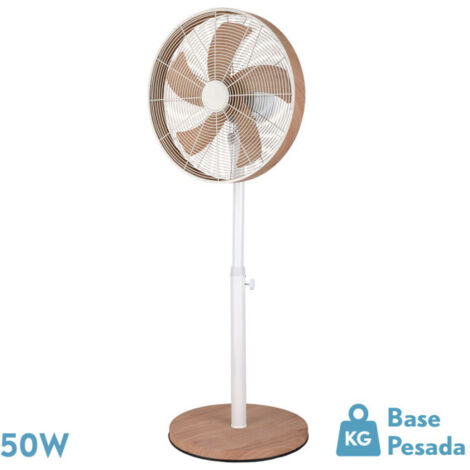 Fabrilamp – Ventilateur sur pied oscillant et rotatif 50W – 3 vitesses – 5 pales – Hauteur réglable 85-120 cm – Design moderne blanc/hêtre - regx45x37cm (1/2)