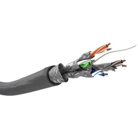 CAT 6 câble réseau, S/FTP (PiMF), gris, mélange de cuivre CCA pour applications SOHO, AWG 23/1 (solid), LSZH. Longueur de câble 100 m