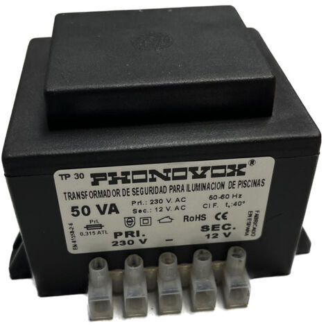 Transformateur de piscine 50VA 230/12V 50-60Hz. Barrette d'alimentation IP-00 TP31050 PHONOVOX (1/2)