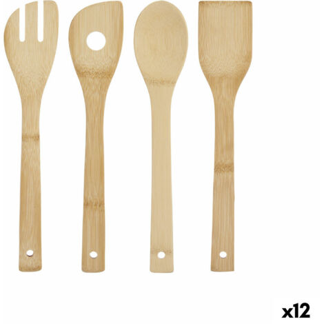 Relaxdays Support Ustensiles Cuisine Bambou + Lot 5 Cuillères – Rangement Extensible Naturel, Organiseur Écumoire Spatule