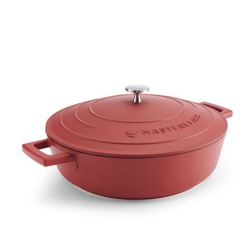 MasterClass Casserole profonde poco avec couvercle 4L/28 cm, fonte d'aluminium légère, convient pour l'induction, le four et la cuisinière, couleur rouge