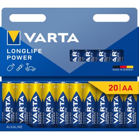 VARTA Piles AA, 20 pièces, Longlife Power, alcalines, 1,5 V, idéales pour les jouets, les souris sans fil, les torches, emballage sans plastique, Made in Germany